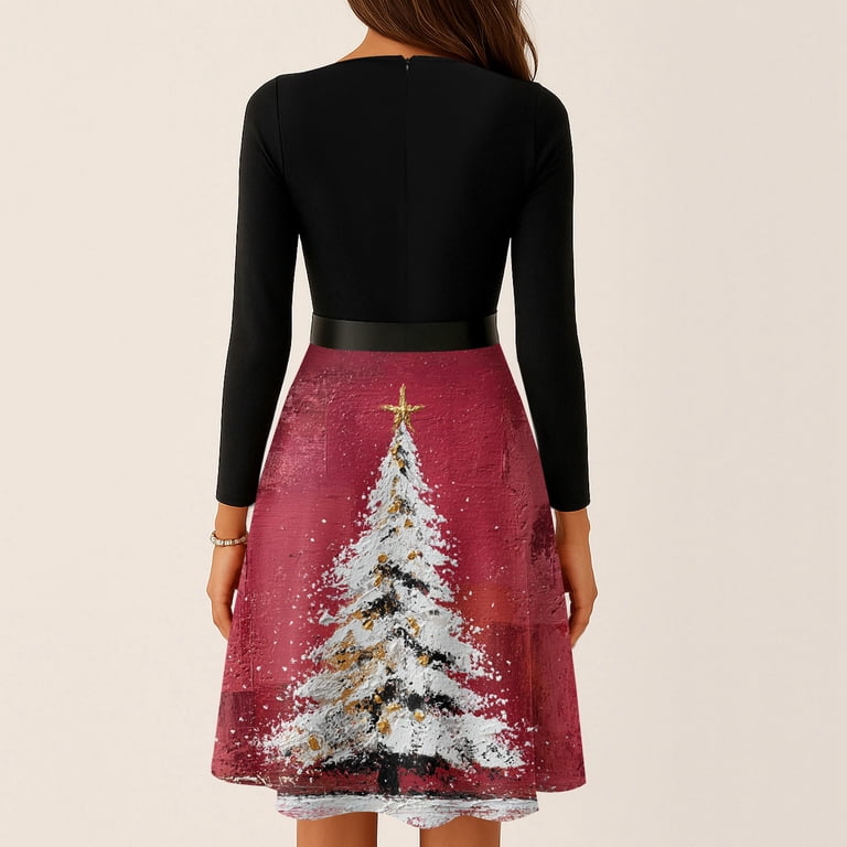 Women Christmas Cocktail Dress Long Sleeve Retro 1950s Swing Dress ...