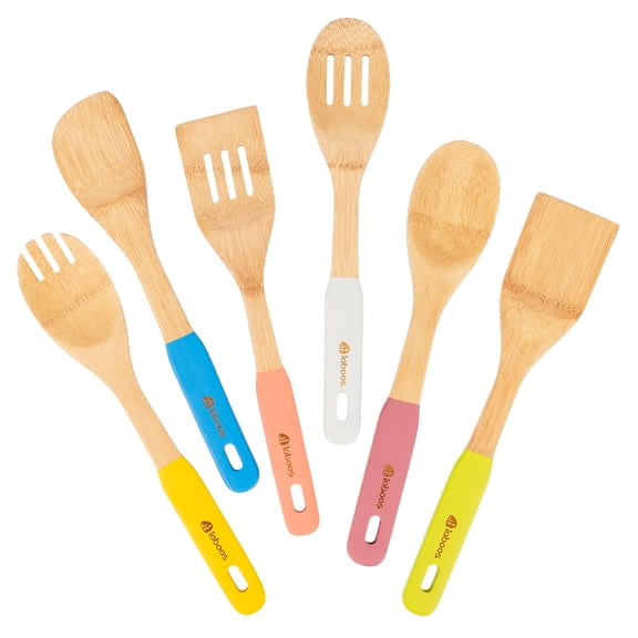 Colorful Bamboo Wooden Spoons for Cooking, 6-Piece Kitchen Utensil Set – Nonstick Cooking Tools with Lightweight Wood Spatula & Spoon – Apartment Essentials & Gift Idea