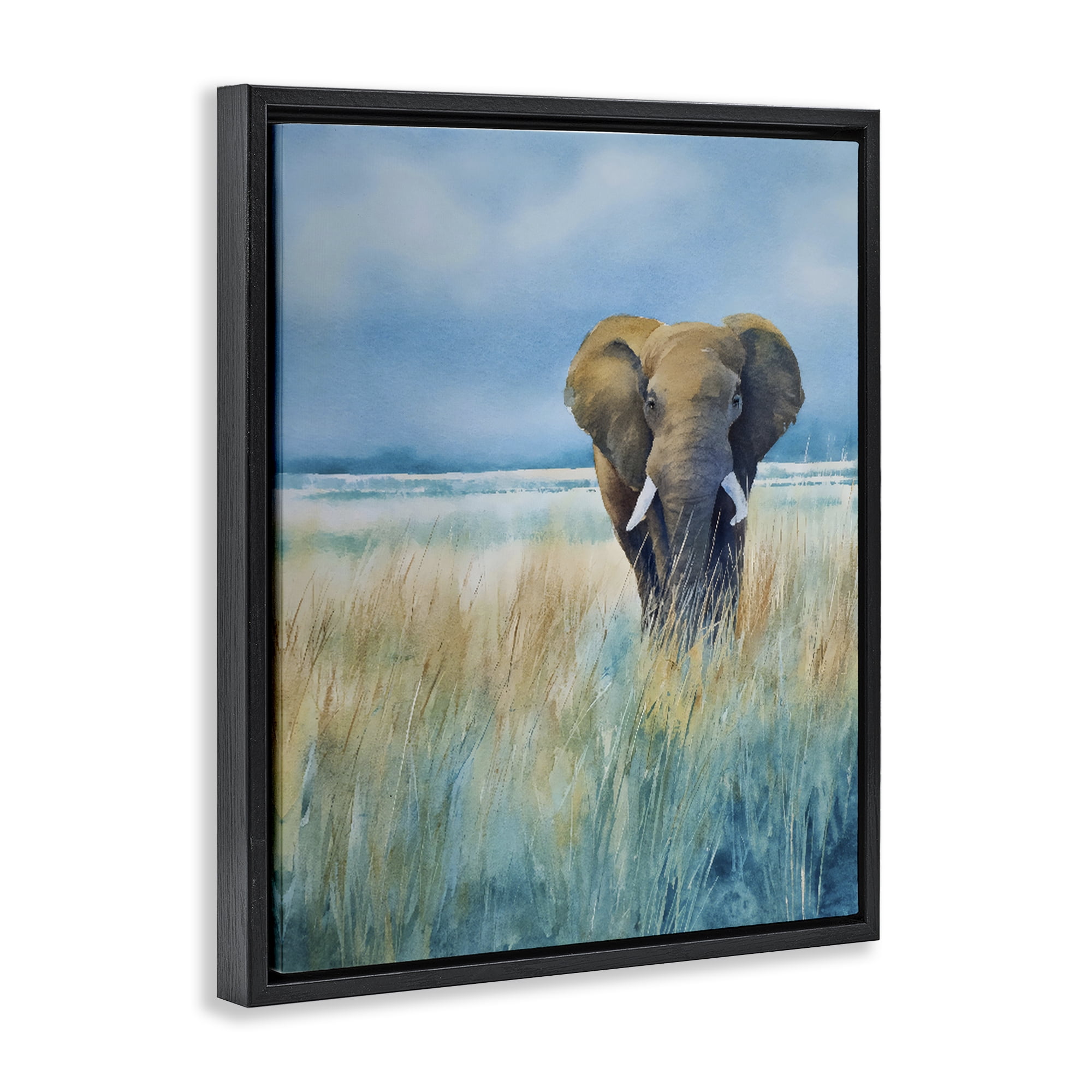 Stupell Industries Blue Grass Elephant Black Framed Floater Canvas Wall Art, design by Franklyn Gregory
