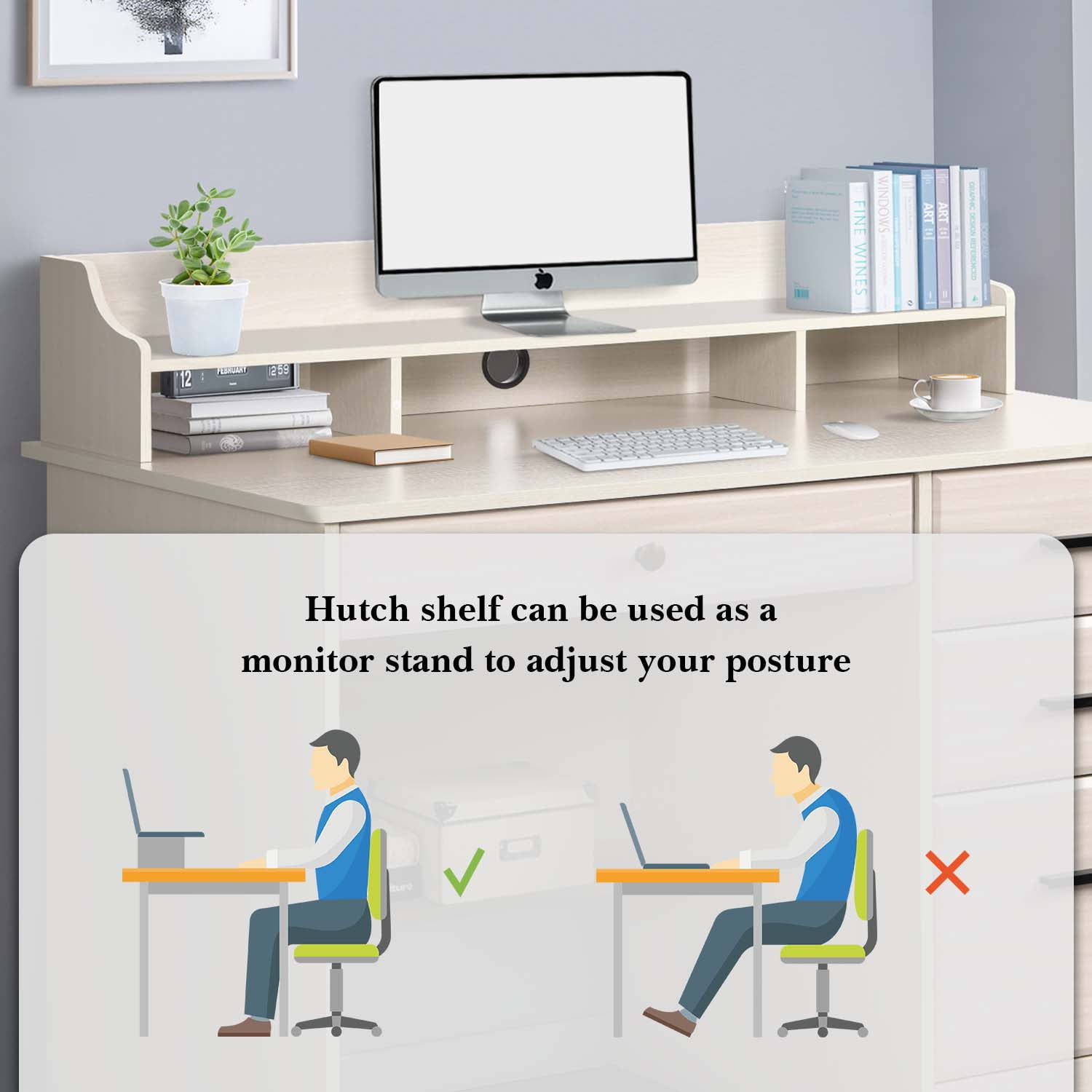 4 Ever Winner White Oak Wood Writing Desk with Hutch and Storage for Small Spaces