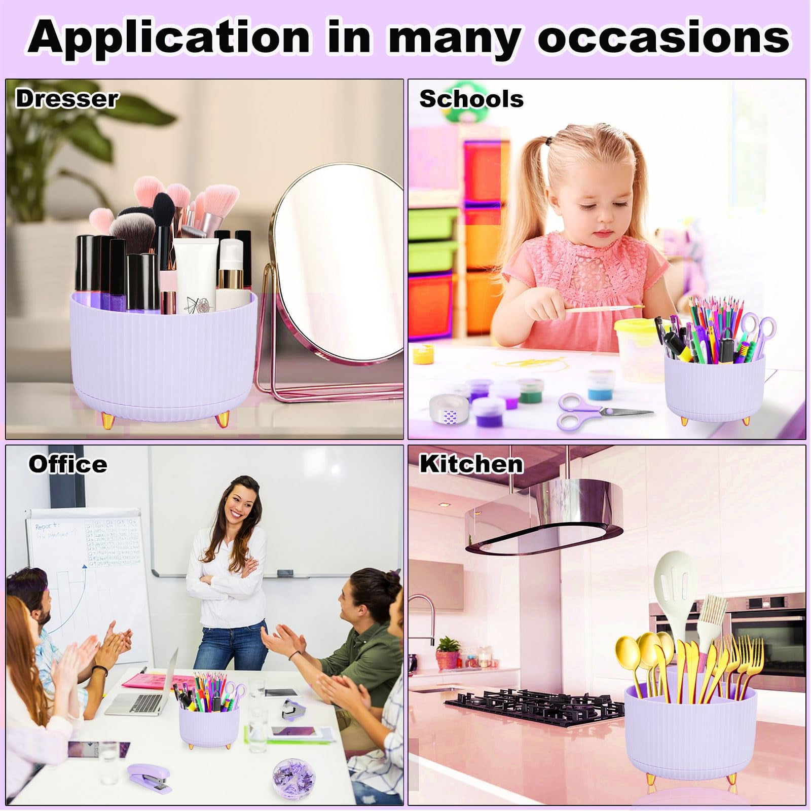 Purple Desk Organizers And Accessories Set With 360-degree Rotating Pen Holder  Tape Dispenser Stapler Staple Remover 1000 Staples Clips Ruler Scissor