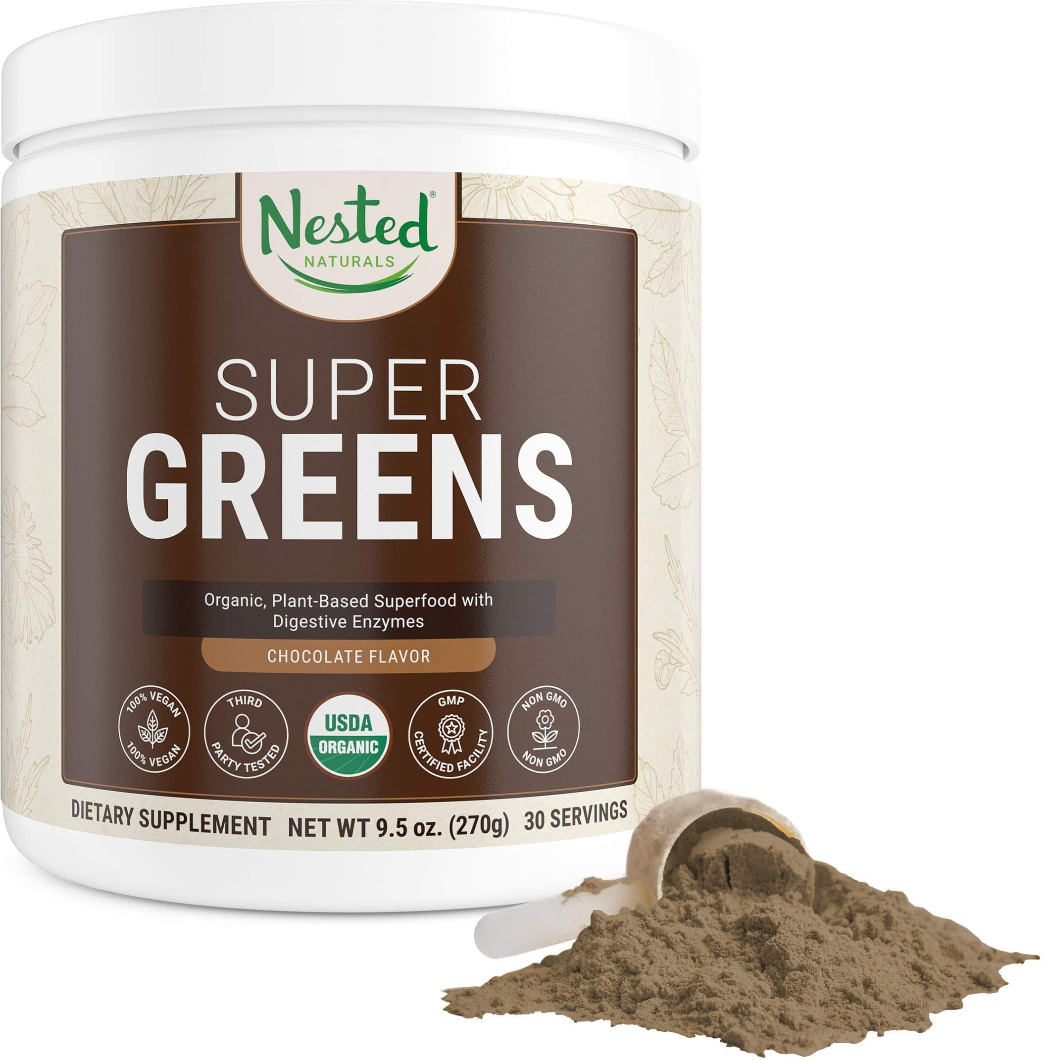Nested Naturals Organic Super Greens Powder Superfood with Spirulina (Chocolate Flavor)