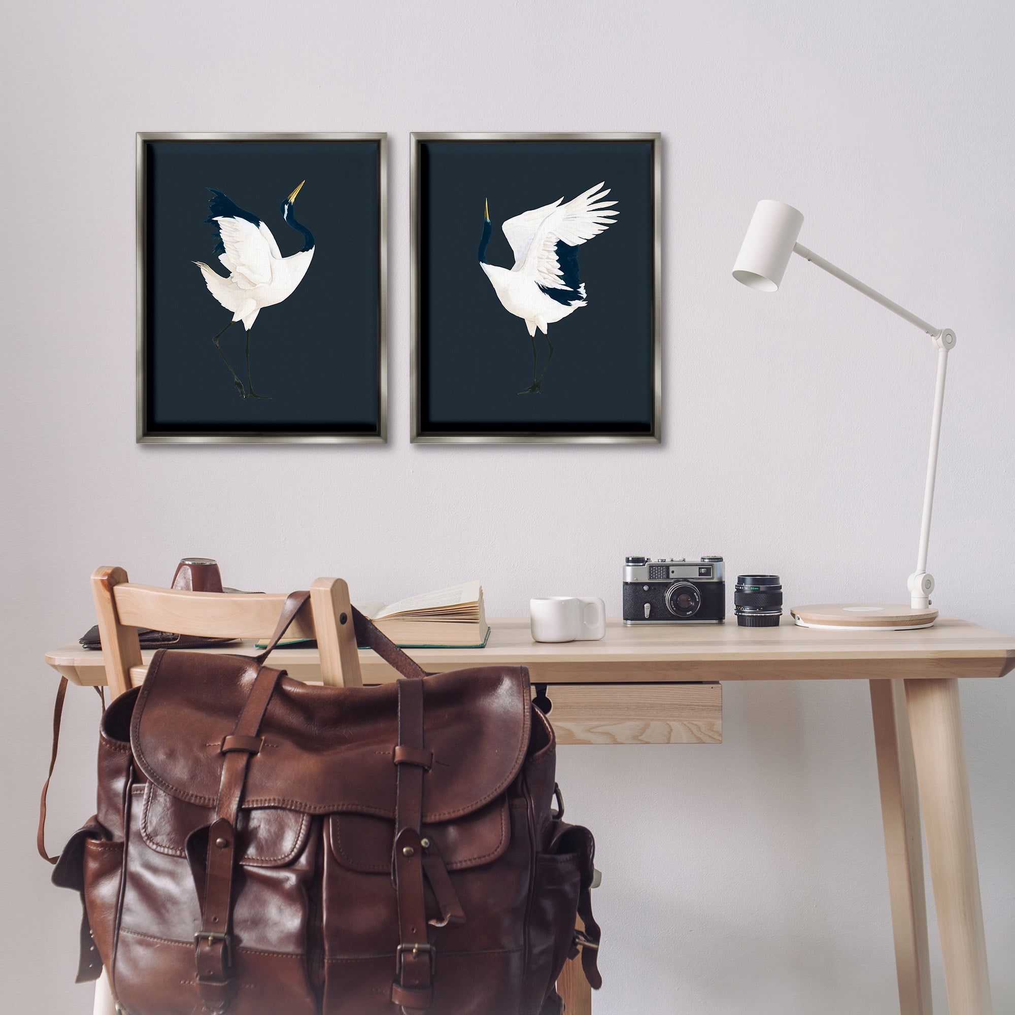 Stupell Industries Traditional Cranes Dance Animals & Insects Painting Gray Floater Framed Canvas Art Print Wall Art, 17 x 21, Set of 2