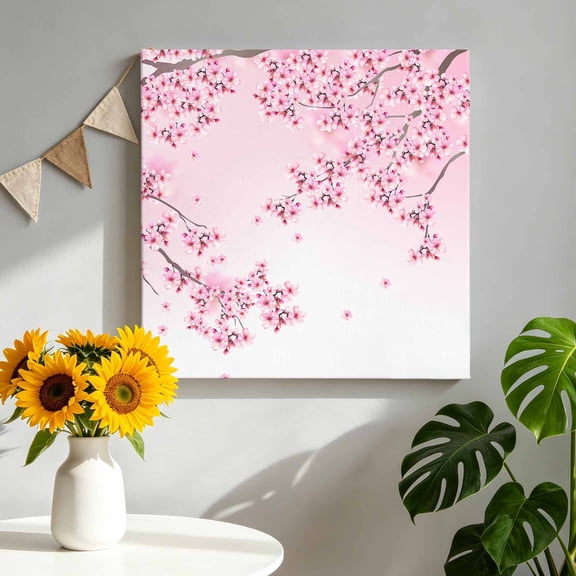Canvas Wall Art Cherry Blossoms Canvas Art Print Spring Floral Pink Gradient Background Pictures Wall Decor for Living Room Bedroom Artwork Decorations Stretched Framed Ready to Hang 8"x8"