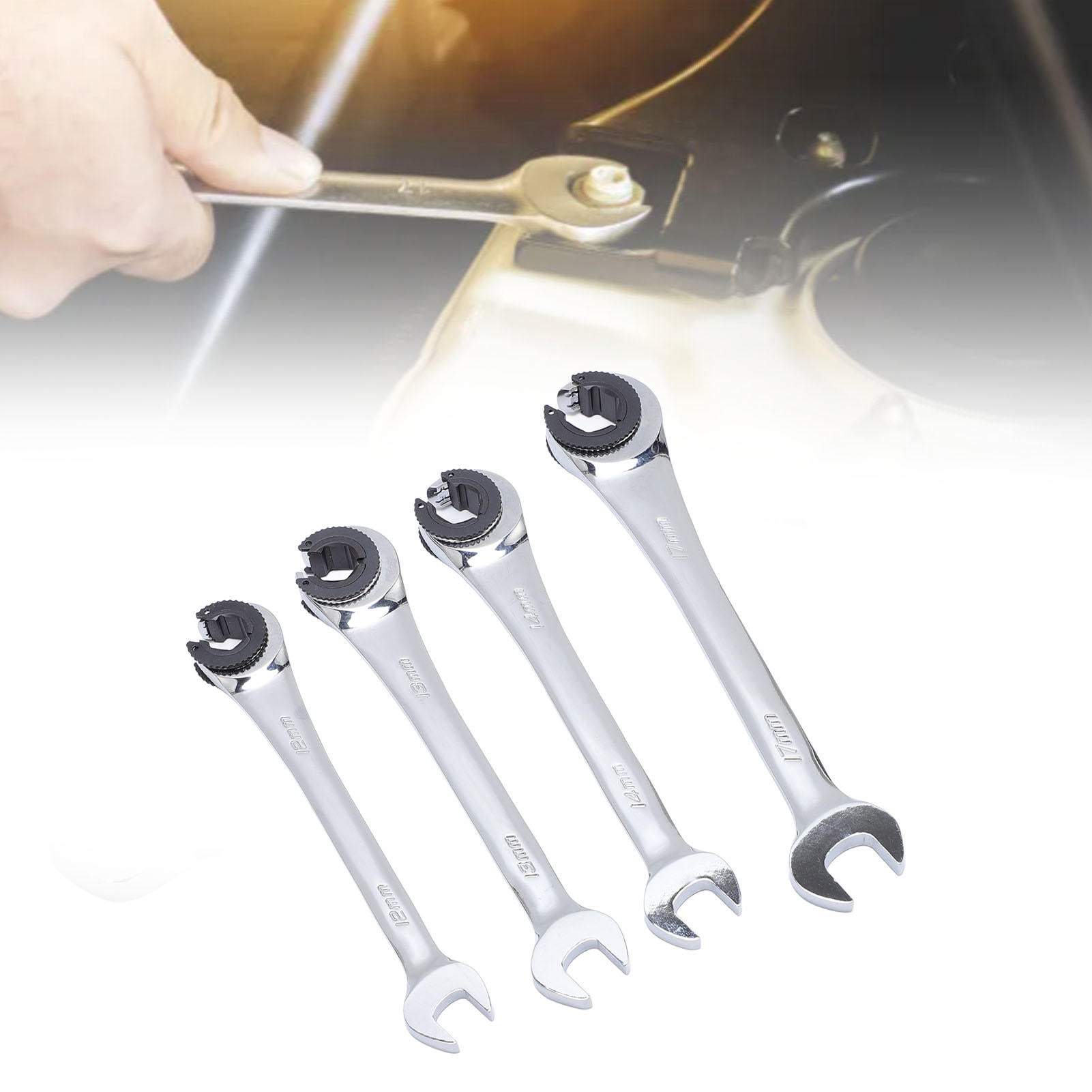 Yajisi 4Pcs Ratcheting Wrench Set, 10-17mm Metric Open Flex Head Adjustable Wrench for Fuel Brake Air Conditioning Lines Nuts, 7.9x3.9x0.8 Inches