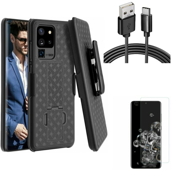 Case Belt Clip w 6ft USB Cable w Screen Protector for Samsung Galaxy S20 Ultra - Holster Swivel Cover, Type-C Charger Cord Power, Tempered Glass [Fingerprint Unlock] 3D Curved fits Galaxy S20 Ultra