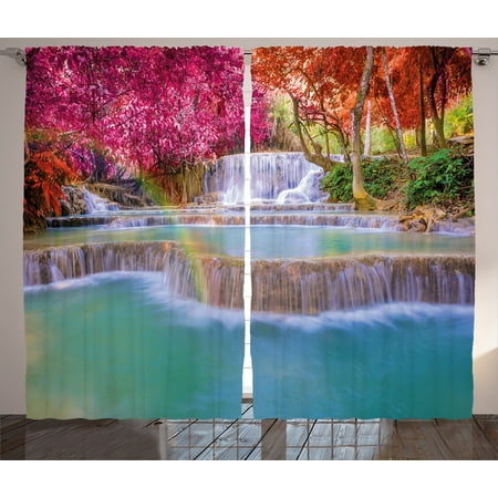 - Waterfall Decor Curtains 2 Panels Set, Rain Forest in Vietnam Laos with Asian Pink and Orange Trees side of River Image, Window Drapes for Living Room Bedroom, 108W X 90L Inches, Blue, by Ambesonne