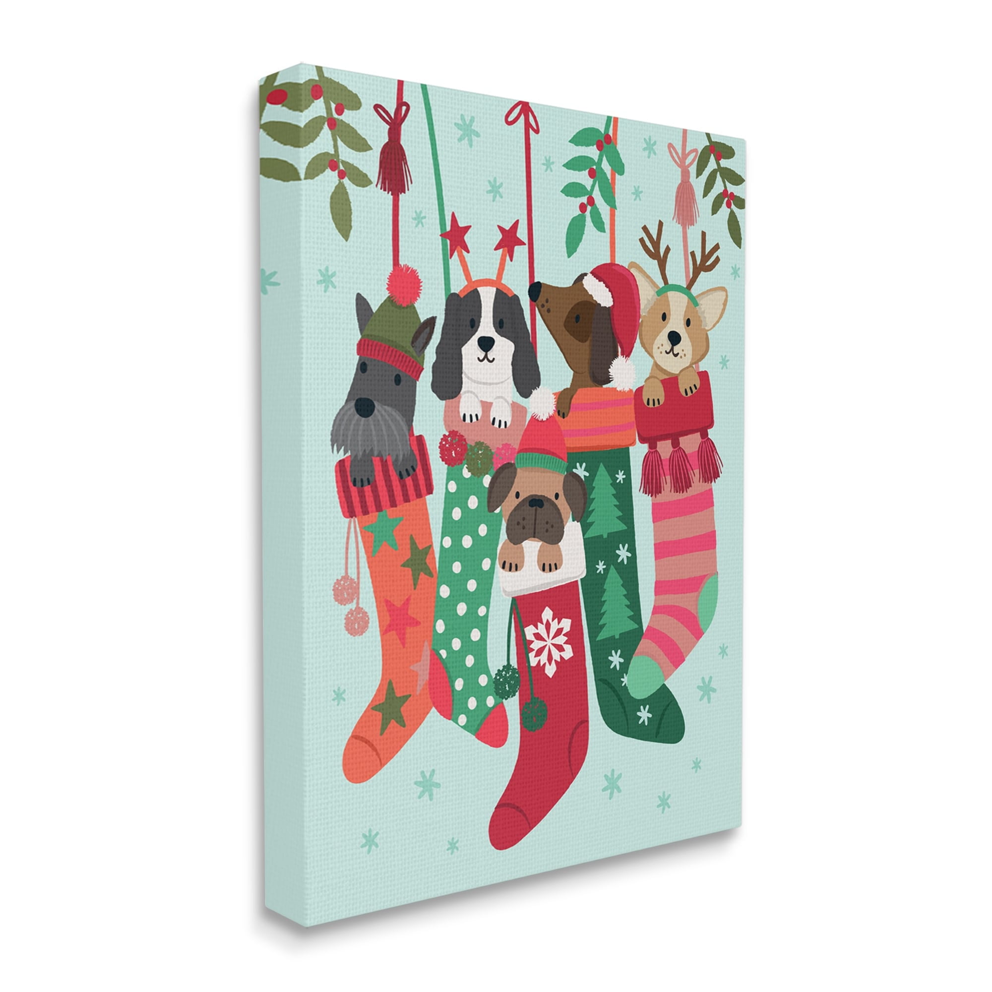Puppy Dogs Nestled Patterned Stars Christmas Stockings Animals & Insects Graphic Art Gallery-Wrapped Canvas Print Wall Art