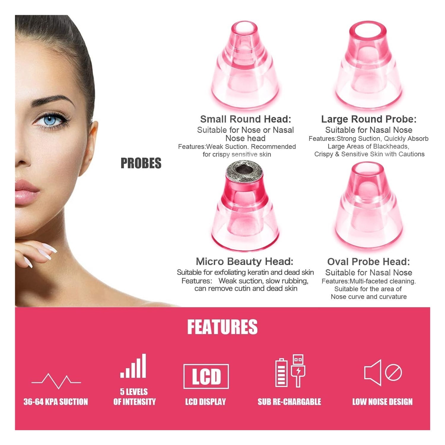 Blackhead Remover Pore Vacuum, Face Suction Pore Cleaner, 5 Suction Power Electric Blackhead Extractor Tool, 4 Probes, Blackhead Suction Remover for Women & Men