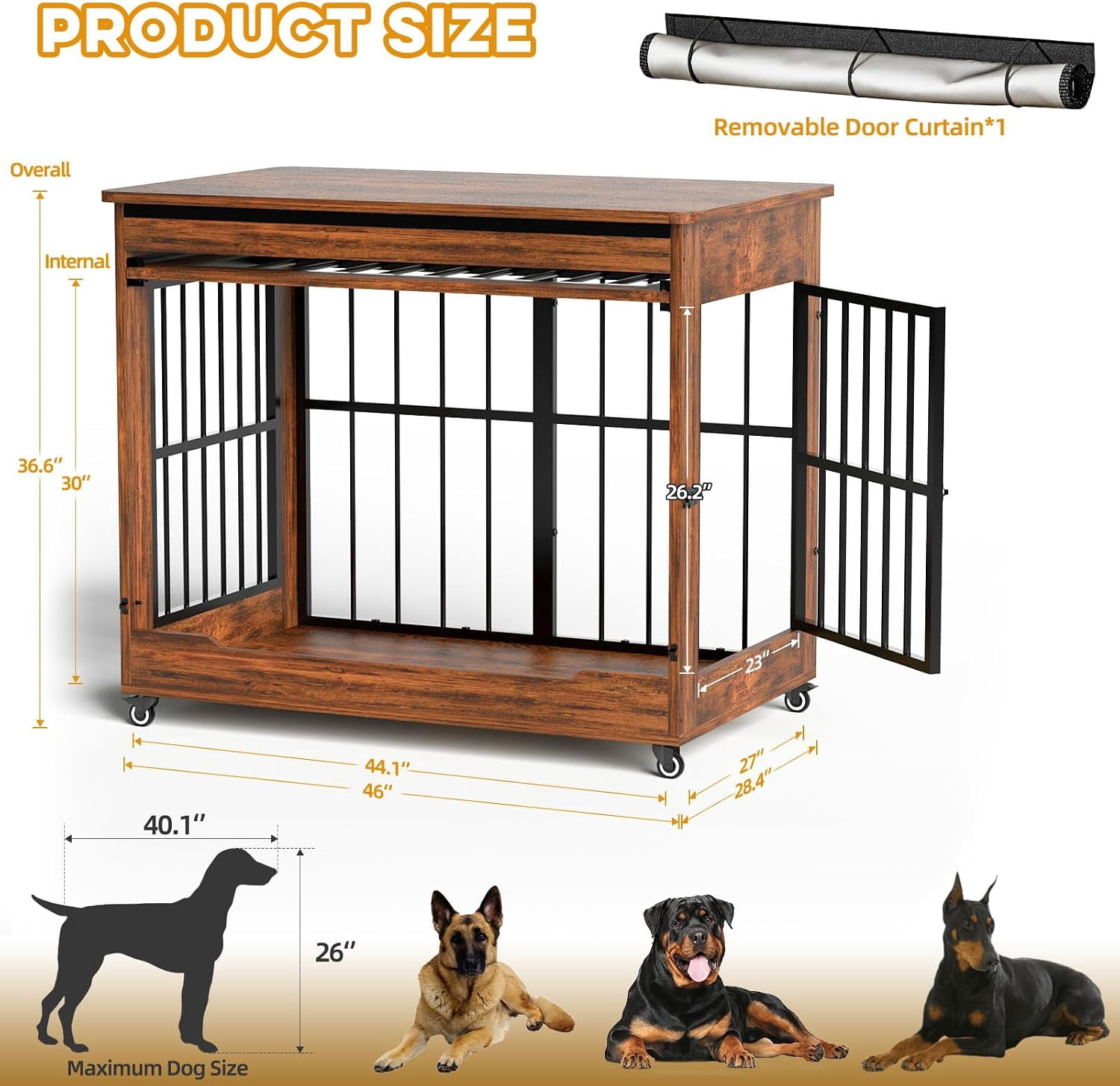 46" Large Dog Crate Furniture, Double Door Wooden Indoor Dog Kennel End Table with Wheels, Decorative Pet Cage for Extra Large Breeds, Vintage Brown