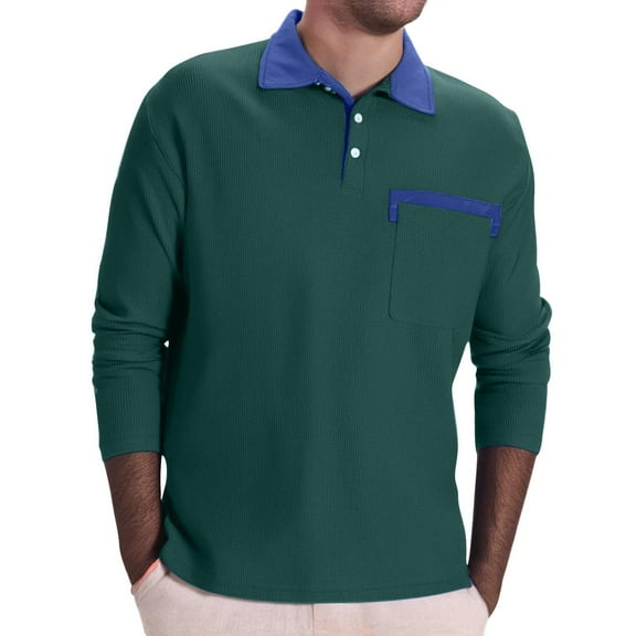 GuangCheng George Men Long Sleeve Shirt Ribbed Knit Contrast Collar Chest Dress Shirts with Pocket,Green,S