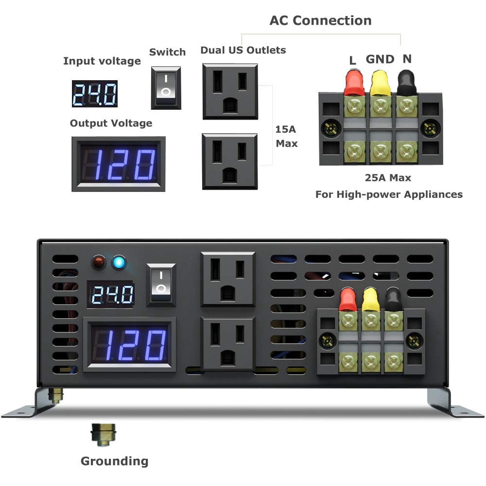 WZRELB 3000watt Pure Sine Wave Inverter 24V DC to 120V AC 60HZ with LED Display Wireless Remote Controller Car Inverter Generator (RBP300024VCRT)