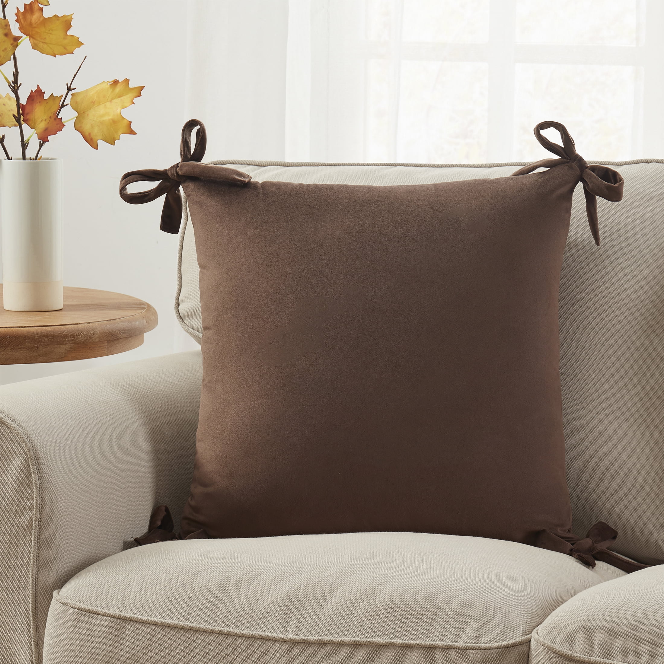 My Texas House Brown Velvet Bow Decorative Pillow Cover, 20 in x 20 in