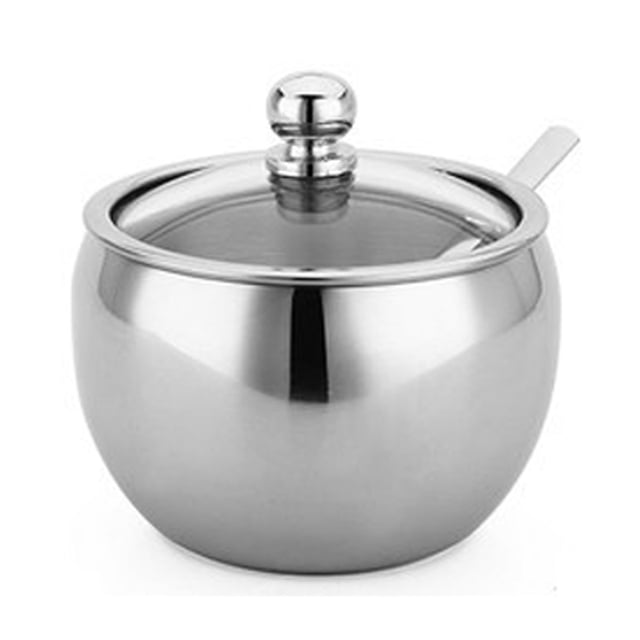 Azucarero, azucarero de acero inoxidable con tapa y cuchara, recipiente pequeño para condimentos en forma de tambor para el hogar y la cocina