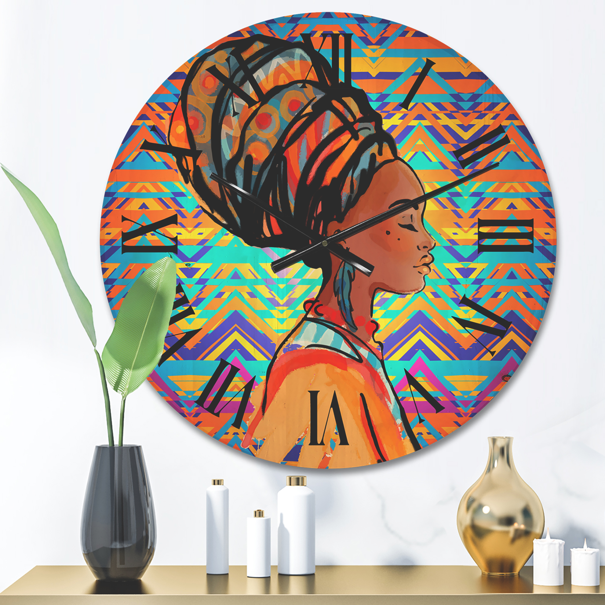 Designart 'African American Woman Portrait with Turban IV' Modern Wood Wall Clock
