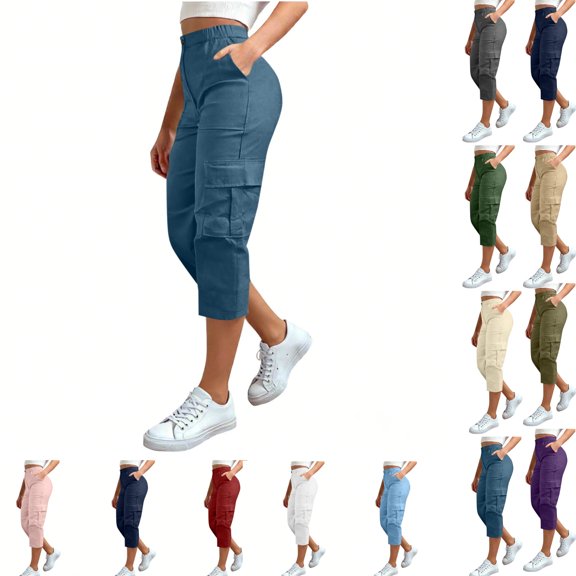 LEKWK Cargo Pants for Women Straight Leg Lightweight Cropped Capris with Cargo Pockets Mid Rise Button Waist Utility Pants Casual Hiking Travel Outdoor Bottoms Blue XXXXL