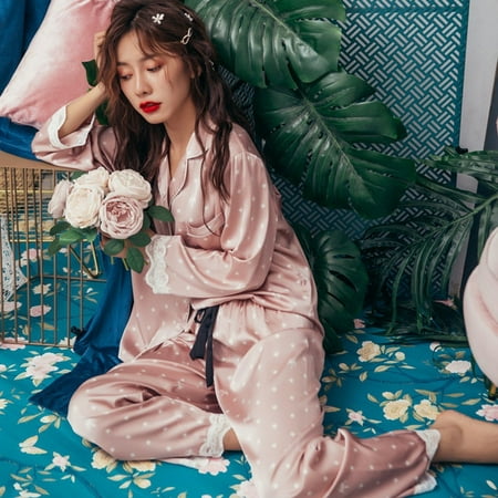 

Lisacmvpnel Print Fashion Women Pajama Set Sweet Lace Cuff Trousers Long Sleeve Suit Pyjamas