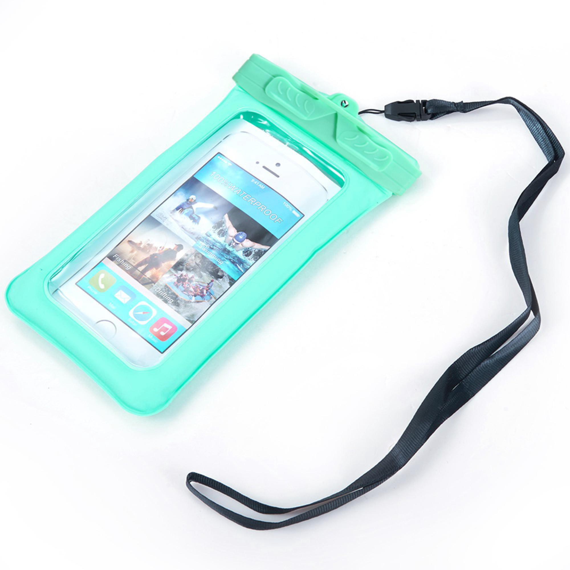 Women’s Summer Beach Essentials Set – Aqua Green Packable Wide Brim Straw Sun Hat with Ribbon Bow & Aqua Green Waterproof Phone Pouch with Lanyard