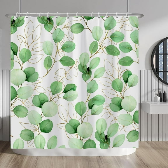 Green Eucalyptus Shower Curtain Spring Botanical Leaves Plants Watercolor Floral Minimalism Shower Curtains for Hotel Spa Bath Bathtubs Polyester Waterproof with Hooks 72x72 Inches