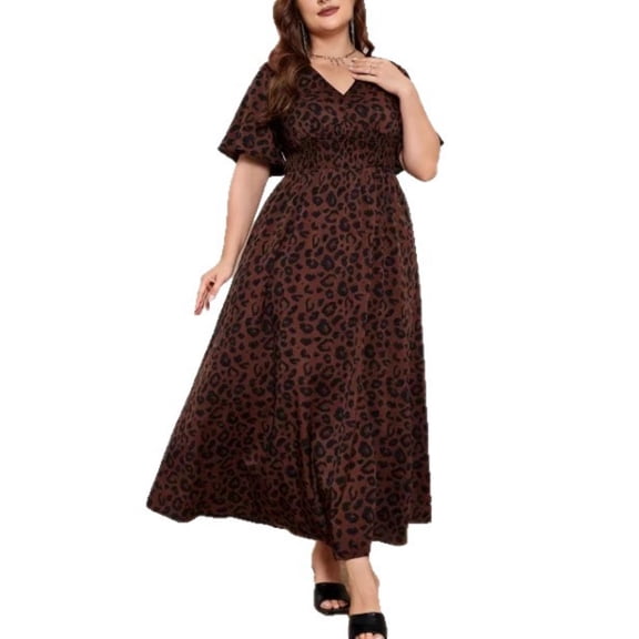 AURA Women Plus Size Leopard Print Maxi Dress Elegant V Neck Long Sleeve Dress
