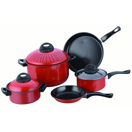 Cookware Set Kitchen Pasta Pot With Strainer Lid Sauce Frying Pan 8 Cookware Set Kitchen Pasta Pot With Strainer Lid Sauce Frying Pan 8 Pcs Red