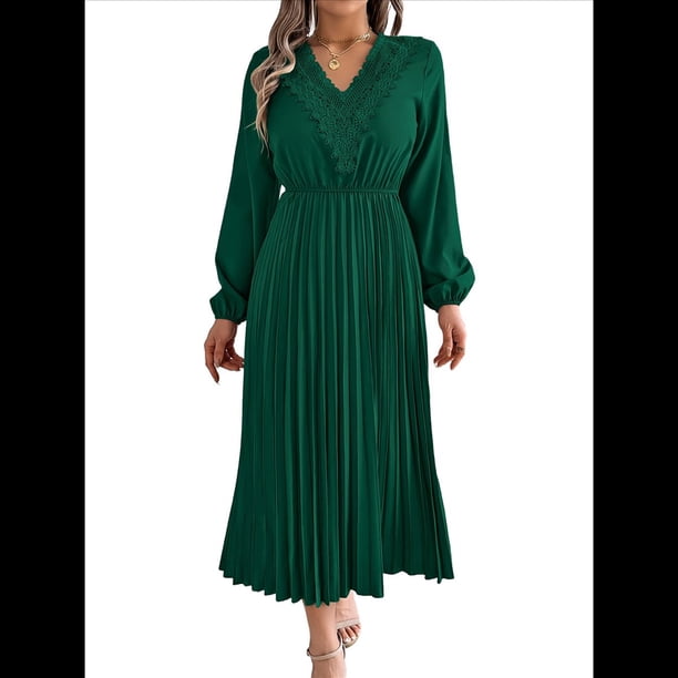 Vestido Informal de Otoño para Mujer, de Larga, con Escote en V y Pliegues, Corte A. Verde Oscuro M