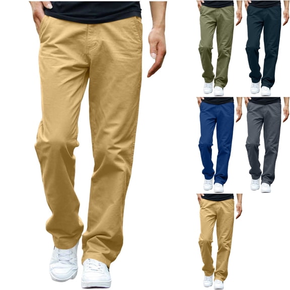 Men's Flat Front Casual Pants Lightweight Straight Leg Trousers with Back Flap Pockets for Work Travel Hiking Camping Fall, Khaki, XL