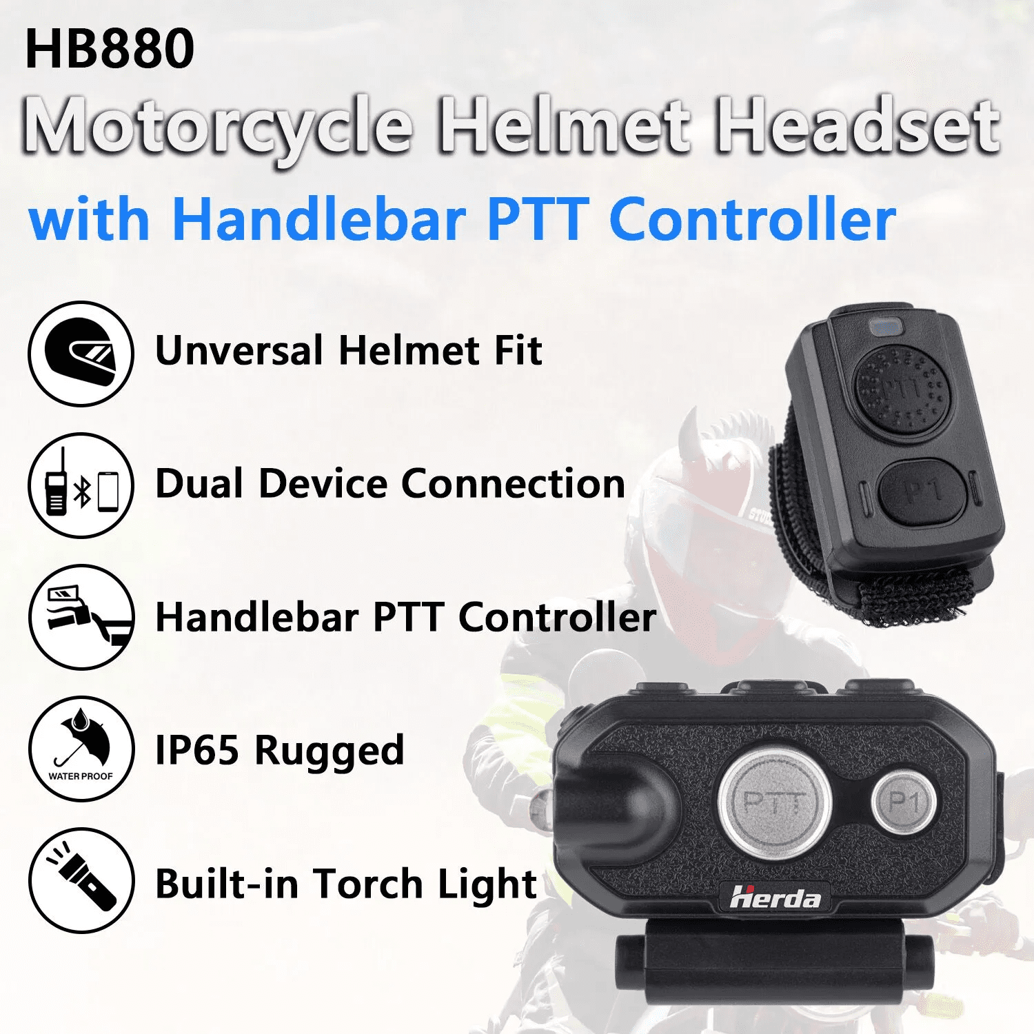 Helmet Headset with Torch and Handlebar PTT Controller - with K1 Radio Bluetooth Adapter
