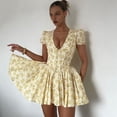 thumbnail image 4 of Women'S V Neckline Dress Printed Fitted Sundress Puff Sleeve Drawstring Dresses Yellow S, 4 of 9