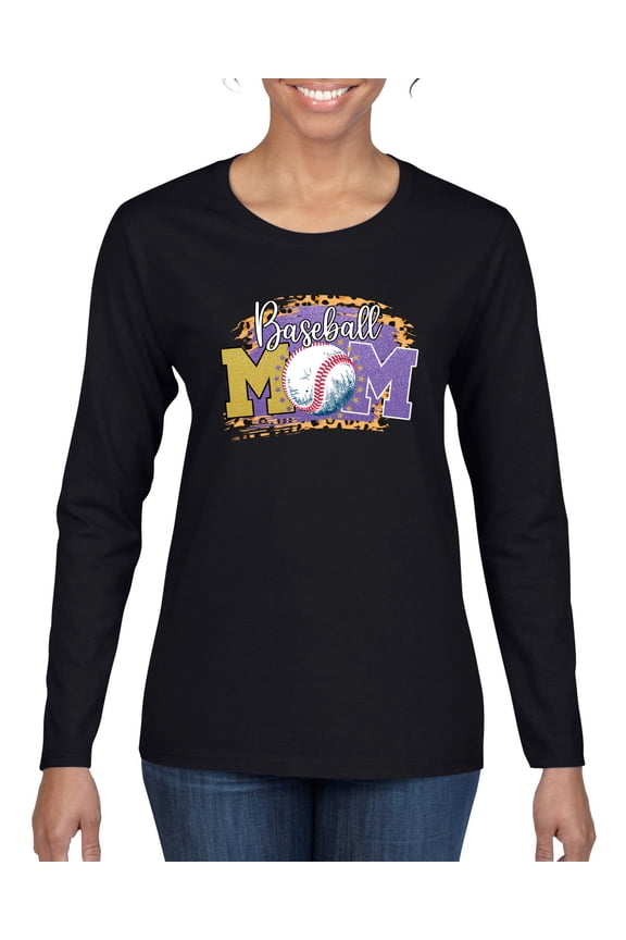 Baseball Mom Cheetah Glitter Sports Womens Graphic Long Sleeve T-Shirt, Black, Medium