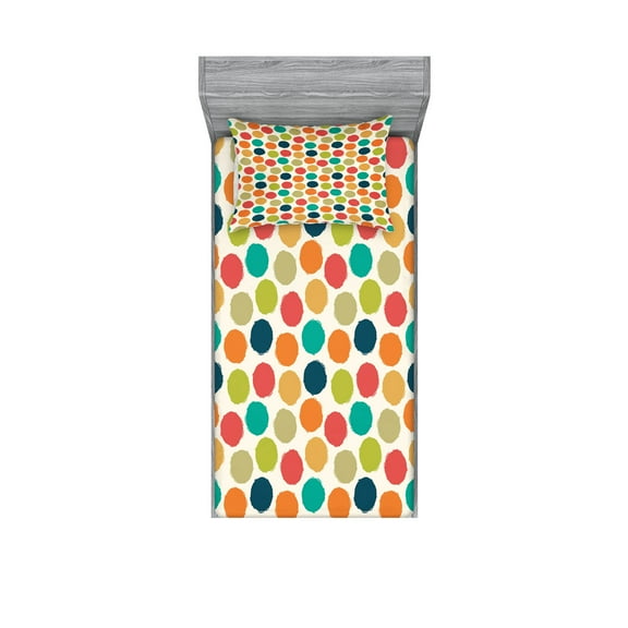Ambesonne Vintage Fitted Sheet & Pillow Sham Set, Hipster Polka Dots Tile, Twinxl, Multicolor