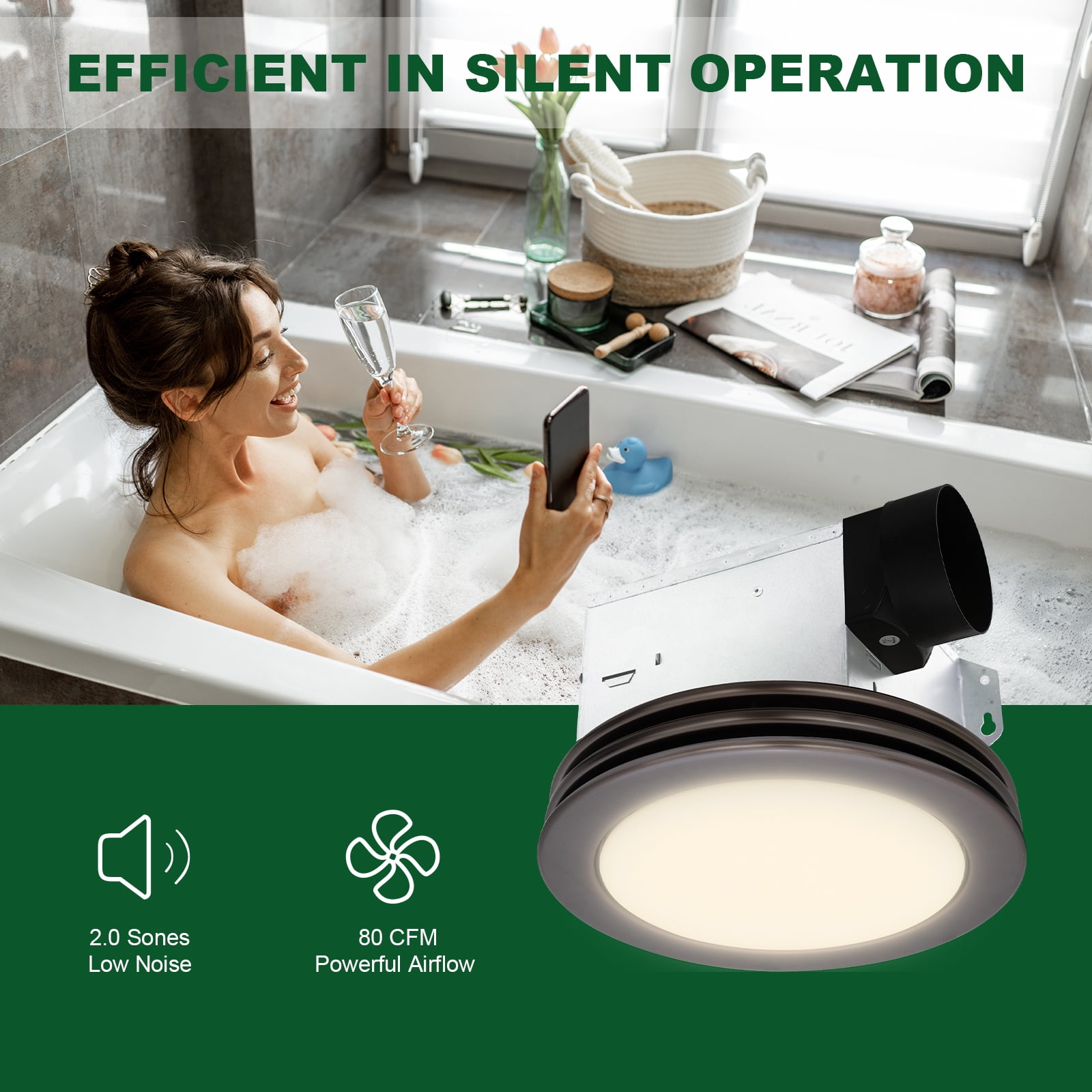 Akicon Exhaust Fan, 80CFM 2.0 Sones Bathroom Exhaust Fan with Light, Bathroom Fan with Dimmable 3CCT LED Light and Acrylic Light Cover, Bath Ventilation Fan for Home, Round, Oil Rubbed Bronze
