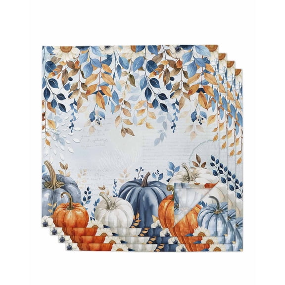 Orange Blue Pumpkins Fall Cloth Napkins Set of 4 Reusable Dinner Napkins, Thanksgiving Floral Eucalyptus Cocktail Napkin Washable Table Napkins for Wedding/Holiday Party/Baby Shower 20"x20"