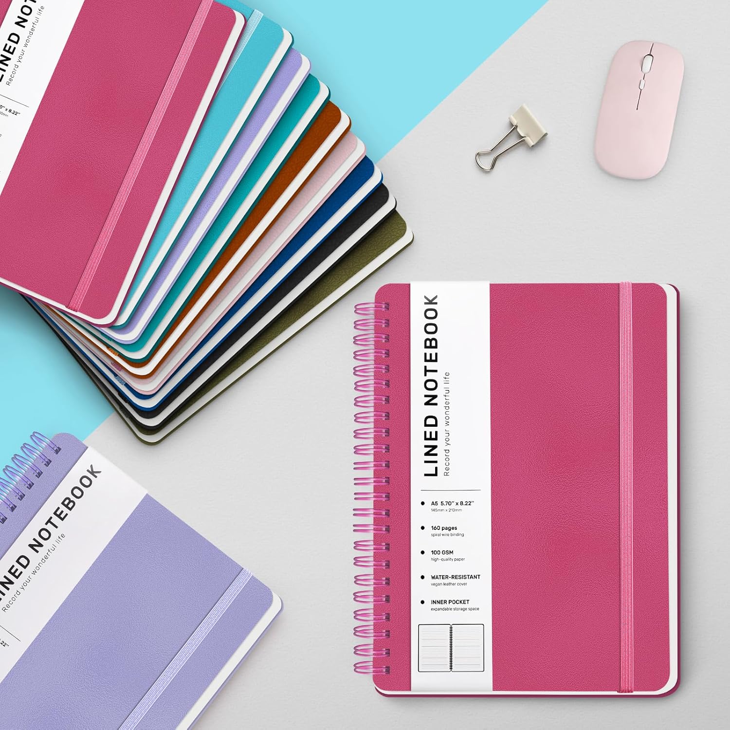 Deeppink Lined Spiral Journal Notebook, 160 Pages, 85.7in A5, for Work, School, Women, Men - College Ruled, Hardcover Leather Journal