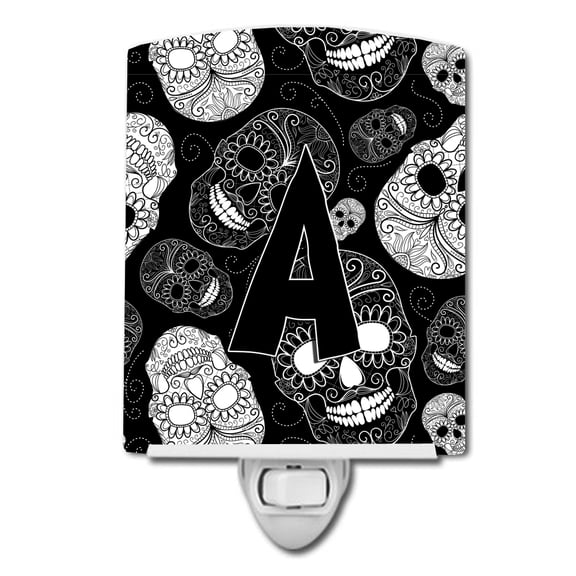 Letter A Day of the Dead Skulls Black Ceramic Night Light