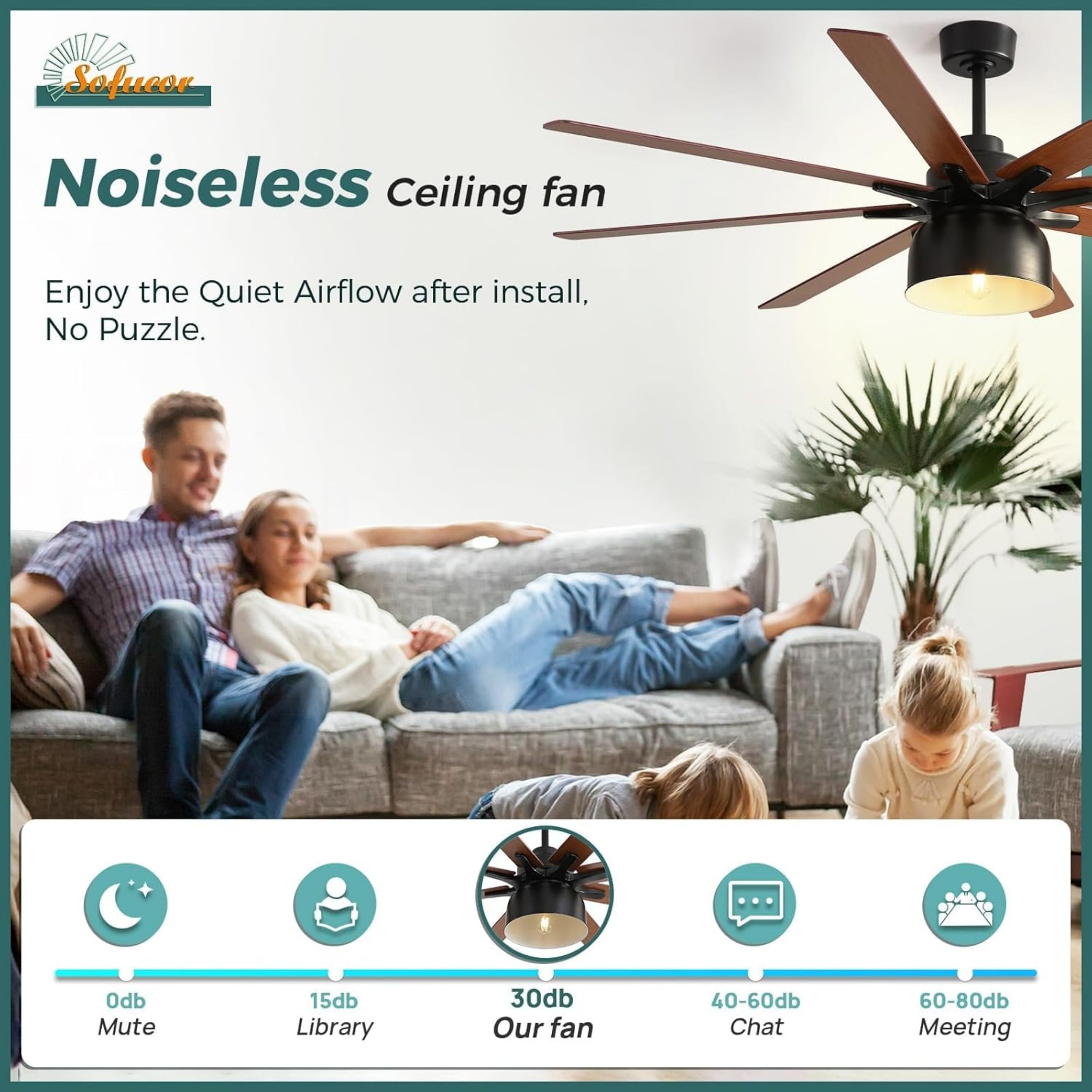 Sofucor 52 Inch Low Profile Ceiling Fan with Light Bulb Replaceable and Remote Control, 8 Blade Ceiling Fan with 3 Downrod, Max Airflow 7000 CFM