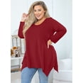 thumbnail image 2 of SHOWMALL Plus Size Long Sleeve Tunic Shirt for Women, Wine Red 1X Scoop Neck Blouses, Asym Hem, Relaxed Fit Tops for Office, Travel, Everyday, Christmas, 2 of 9