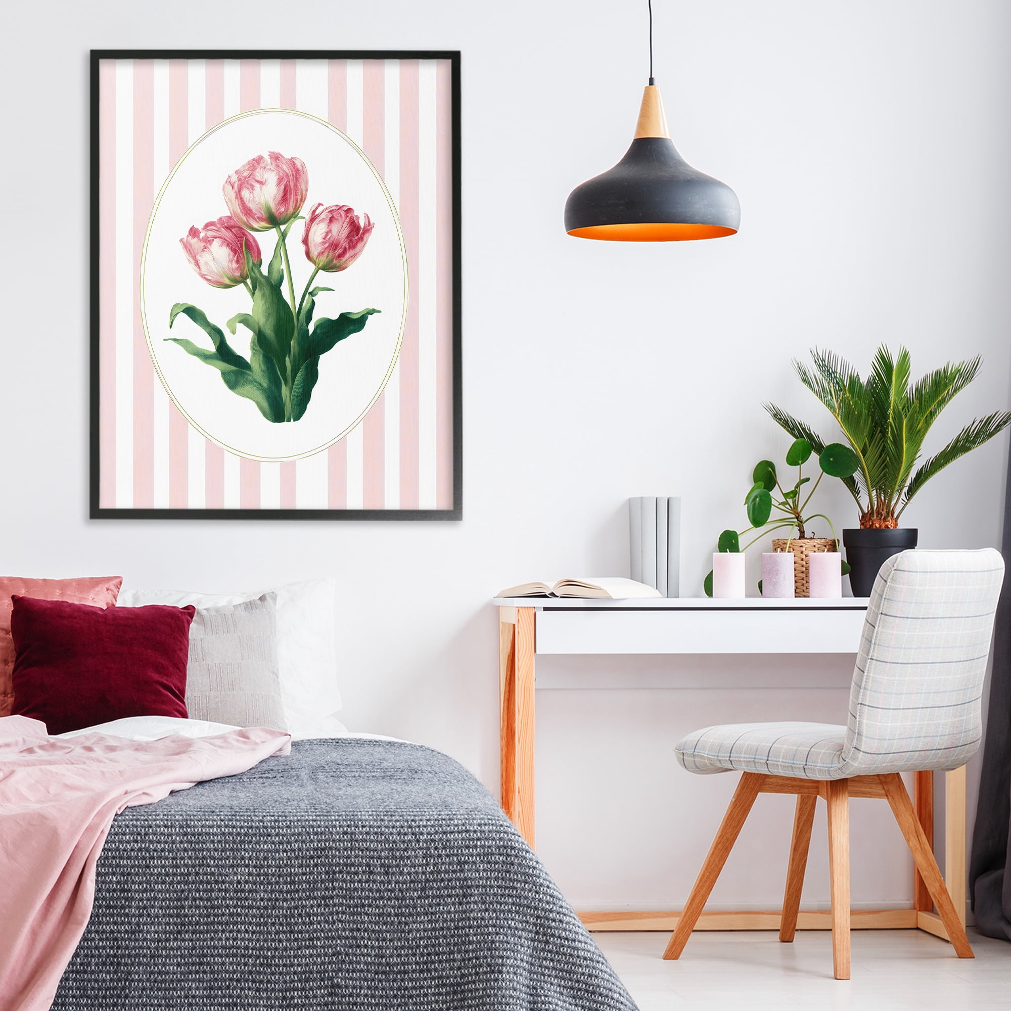 Stupell Industries Spring Tulips on Stripes Black Framed Giclee Art, design by Ink Drop Loft