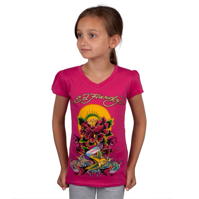 Ed Hardy - Diamond Rose Koi Fish Collage Girls Juvy T-Shirt