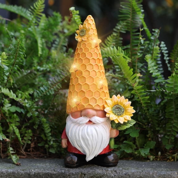 NIWEITA Solar Sunflower Gnome Garden Statue with LED Lights,Waterproof Outdoor Decor,Cute Resin Sculpture for Backyard Yard Patio Lawn