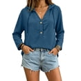 thumbnail image 5 of Oiangi Hoodie for Women Drawstring Long Sleeve Button V Neck Tops Casual Lightweight Fall Pullover Hooded Blue L, 5 of 8