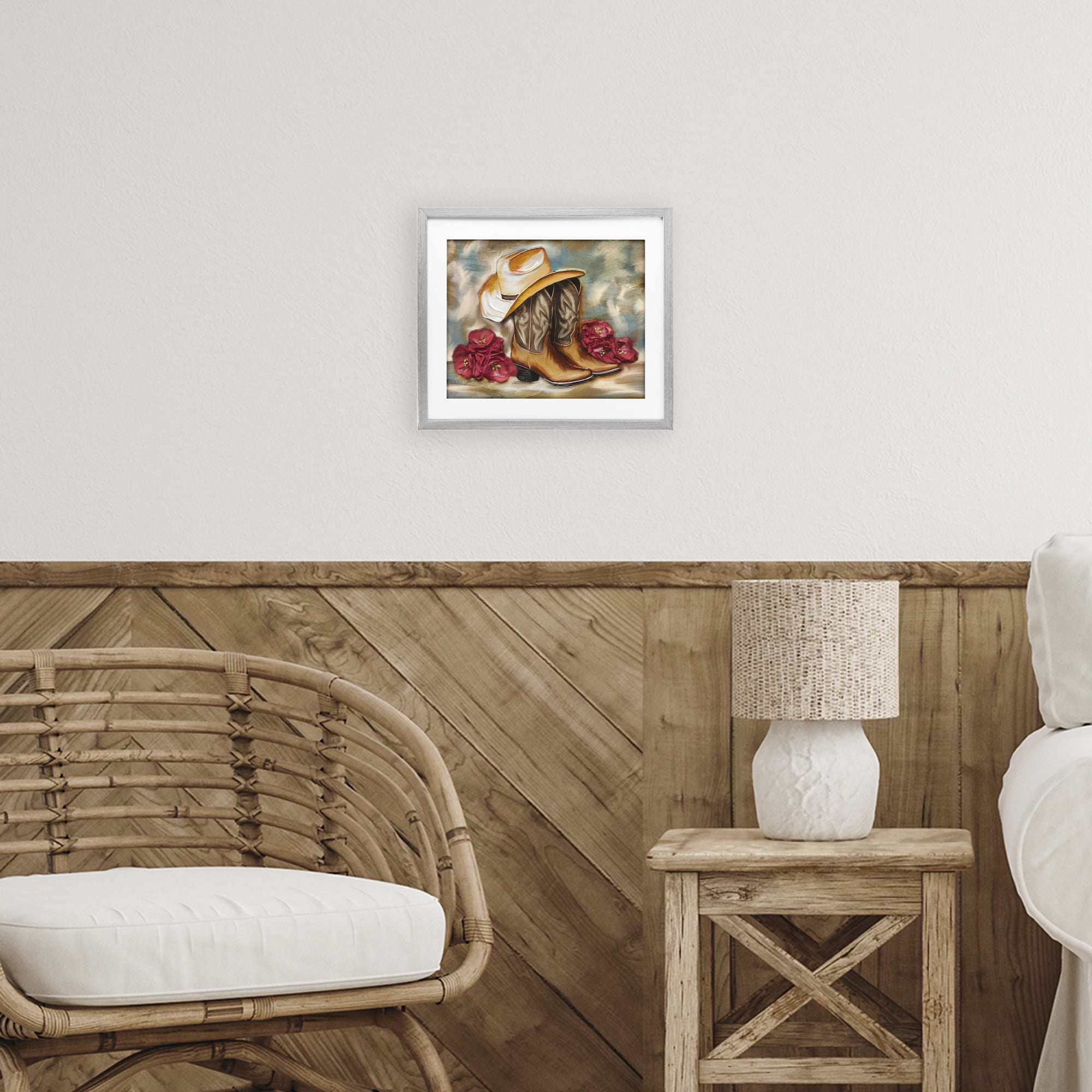 Boots & Floral Bunches Gray Framed Print Under Glass, design by Kim Allen