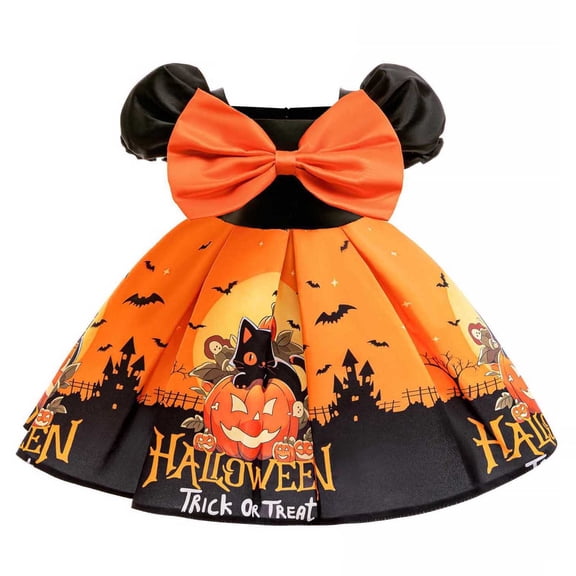 LIIPEE Girls Dresses Halloween Cartoon Pumpkin Bat Printed Puff Sleeve Bowknot Ball Gown Princess Sundress Infant Trendy Indoor Outdoor Wear Dress,Orange,18-24 Months