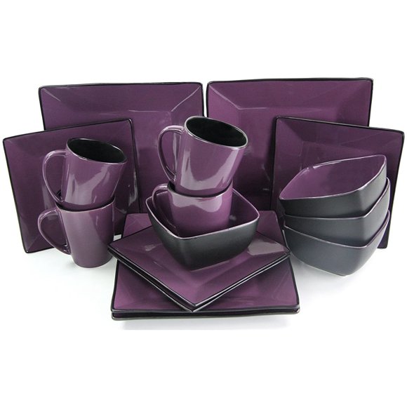 Elama 16 Piece Loft Modern Premium Stoneware Dinnerware Set with Complete Settings for 4, Mulberry