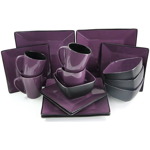 Elama 16 Piece Loft Modern Premium Stoneware Dinnerware Set with Complete Settings for 4, Mulberry