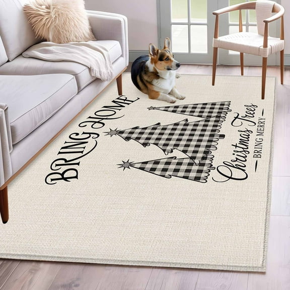 Christmas Trees Area Rug 3x5 Washable Rug Non Slip Black White Xmas Tree Winter Holiday Beige Large Area Rug Indoor Floor Carpet for Entryway Bedroom Kitchen Living Room Office Dining Room Nursery