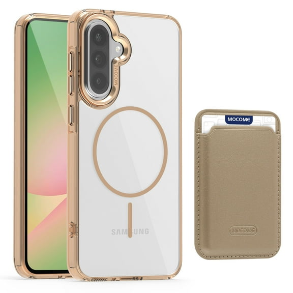 ELEHOLD Clear Magnetic Wallet Case For Samsung Galaxy A36 5G , Mag Safe Compatible Transparent Hard PC TPU Back Shockproof Protection Case Cover with Magnetic Card Holder ,Desertgold