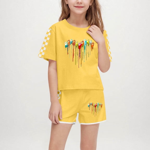 Amidoa Girls Summer Outfit Sets 2 Piece T-Shirt Graphic Cotton Long Sleeve and Casual Pants Set Kids Clothing Sets Yellow Size 8