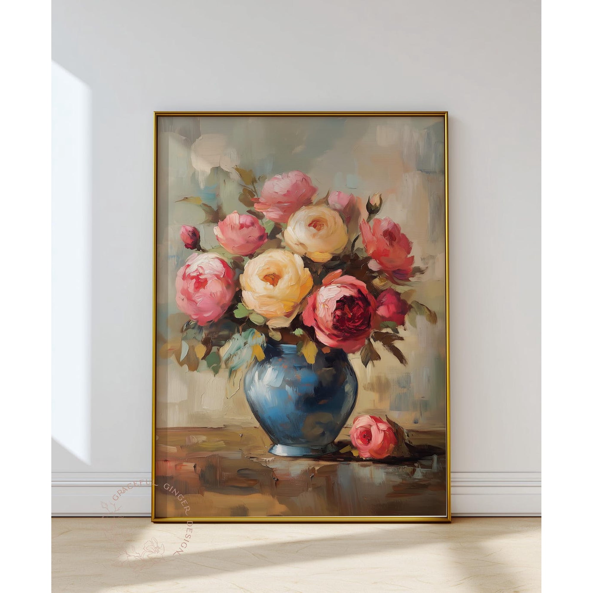 Rose Bouquet In Blue Vase Poster For Vintage Floral Still Life Decor