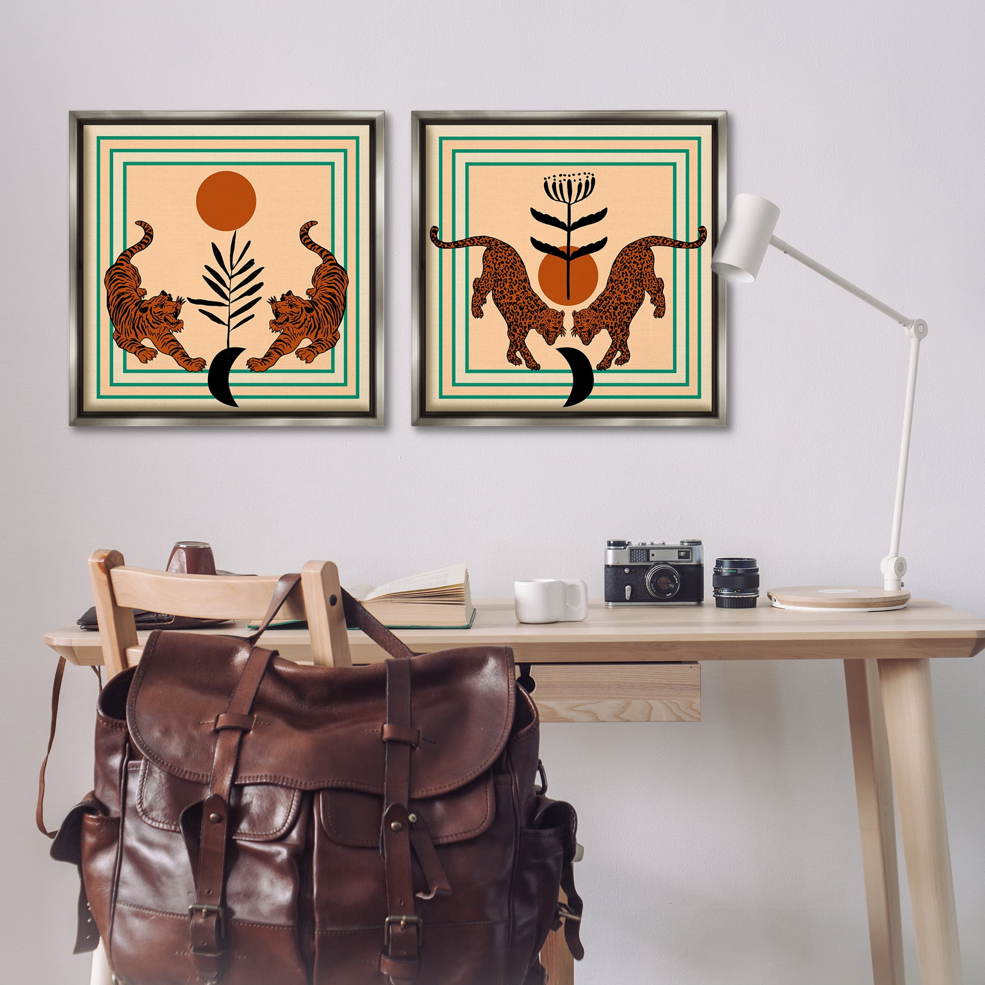 Stupell Industries Boho Symmetrical Wild Cats Animals Painting Gray Floater Framed Canvas Art Print Wall Art, 25 x 25, Set of 2